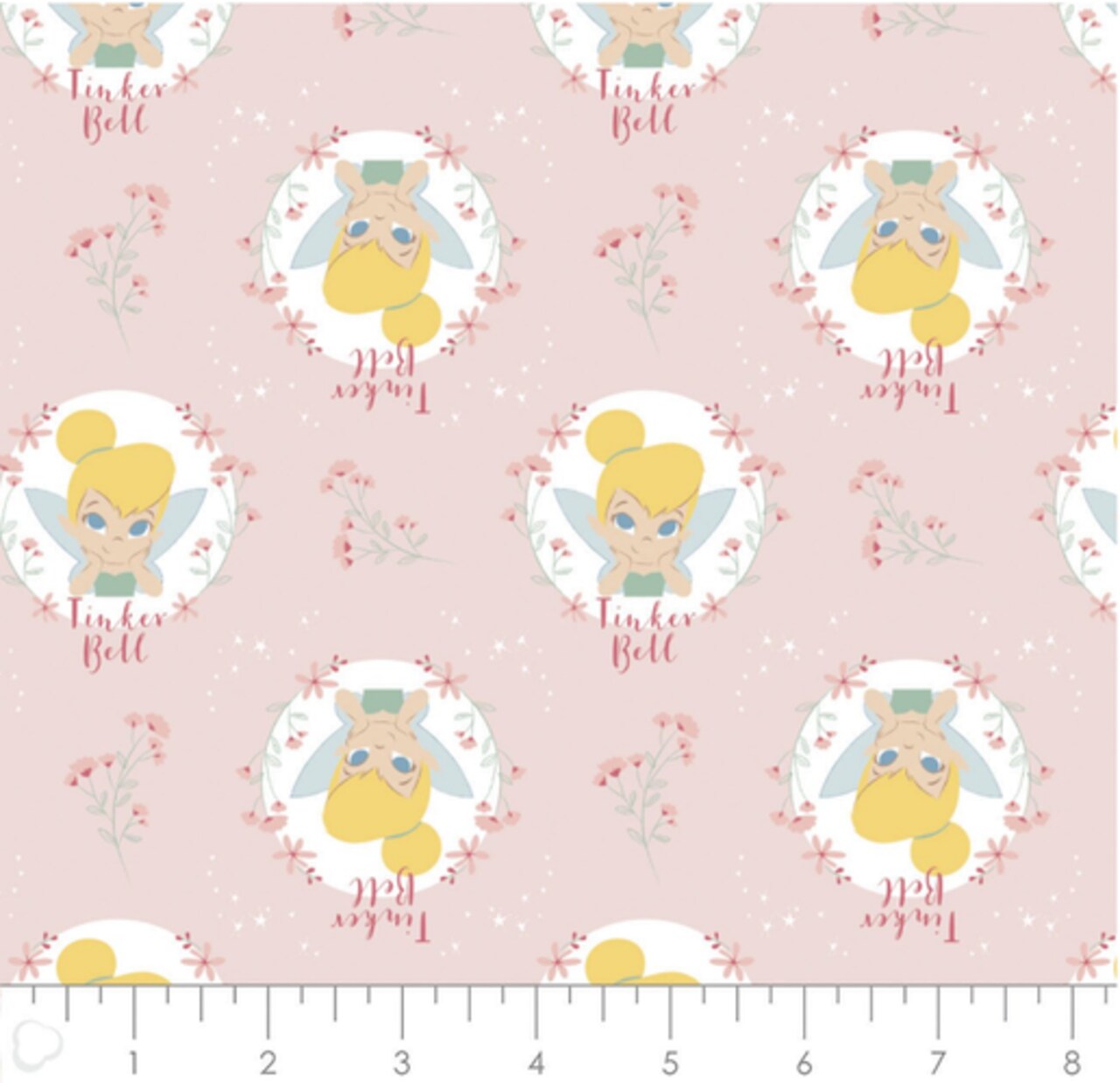 Licensed Camelot Fabrics Peter Pan & Tinkerbell Floral Badges Pink Cotton Fabric by the Yard